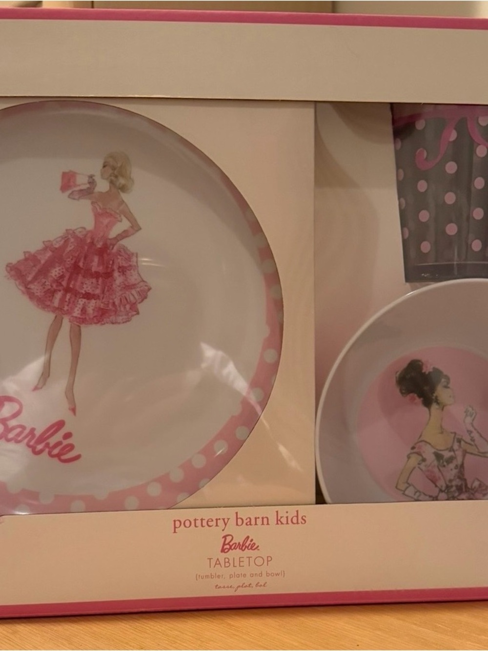 Pottery Barn Kids Barbie Pink and White Polka Dot Tabletop Trio COLLECTIBLE SET